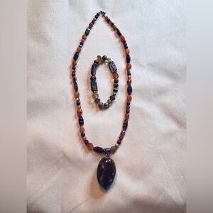 Handcrafted Brown Jasper Pendant Necklace and Beaded Bracelet Set